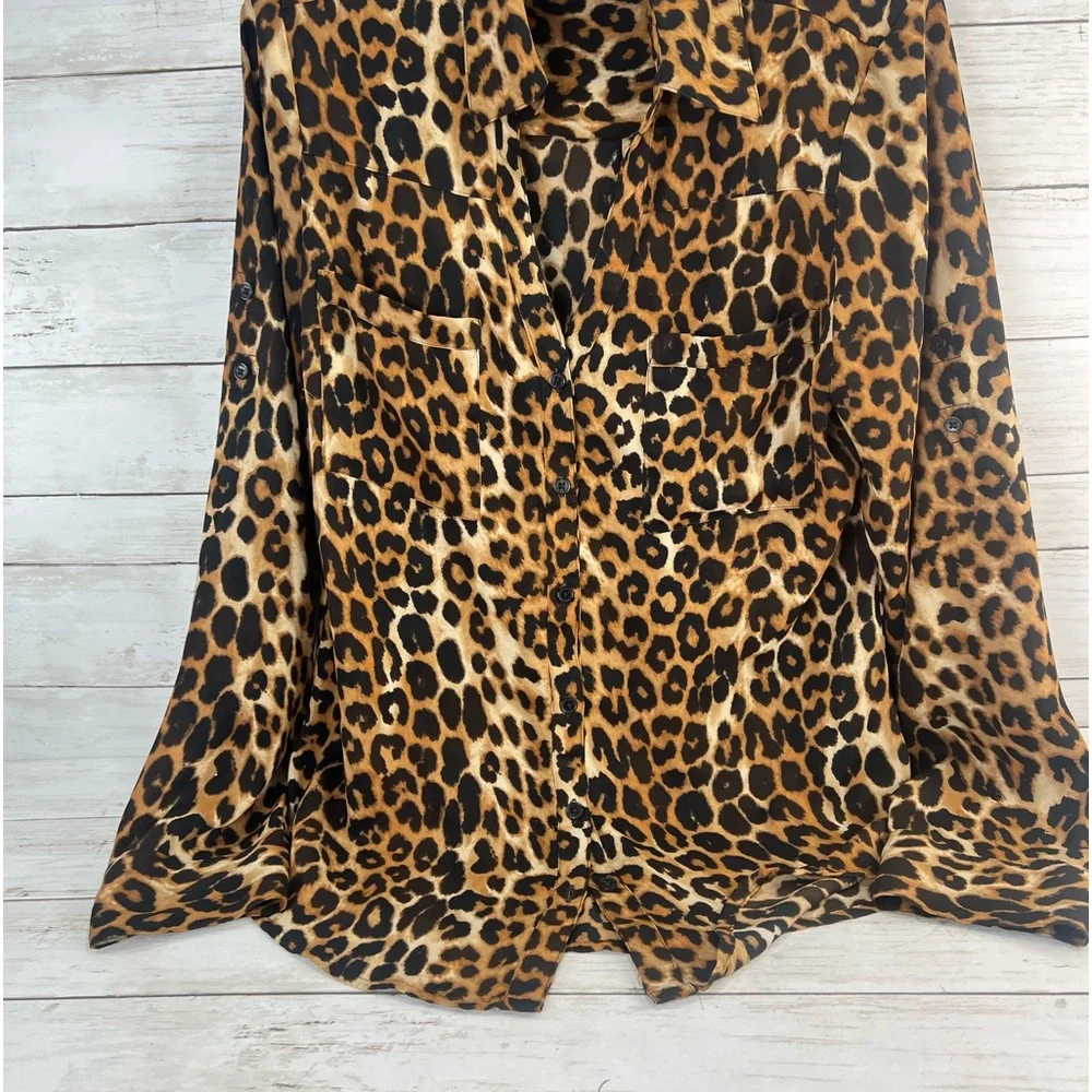 Express Portofino Shirt  Small Brown Black Leopard Button Career Casual - Picture 3 of 11